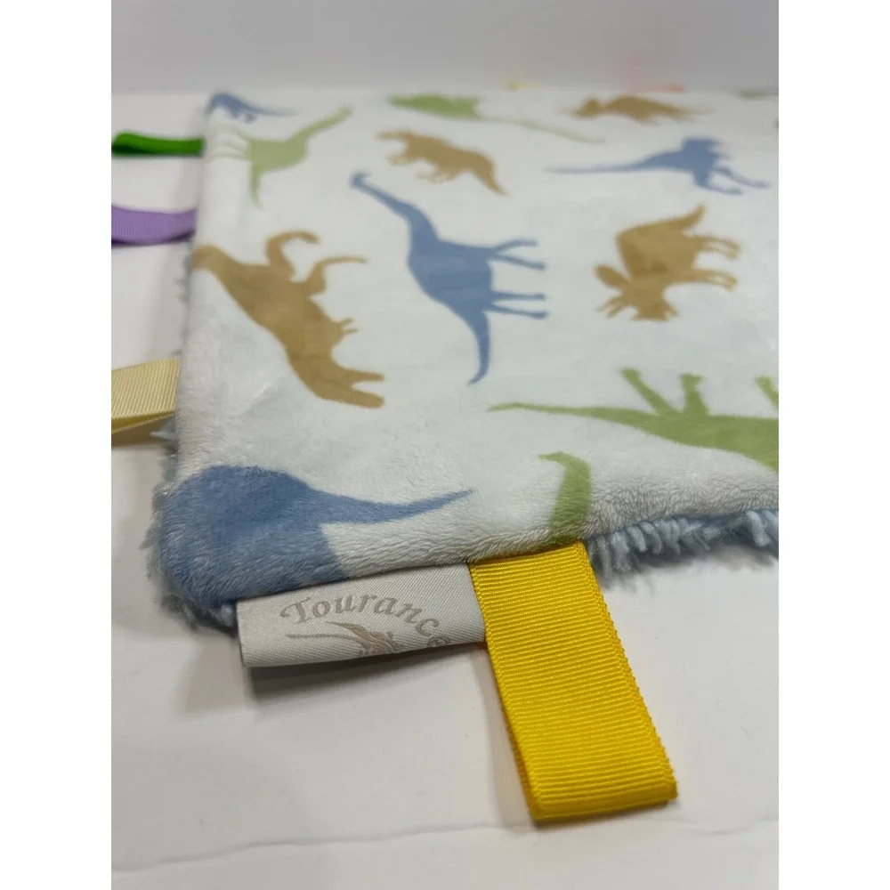 Tourance Baby Dinosaur Sensory Taggy‎ Blanket Blue Plush Faux Fur Ribbon Loops